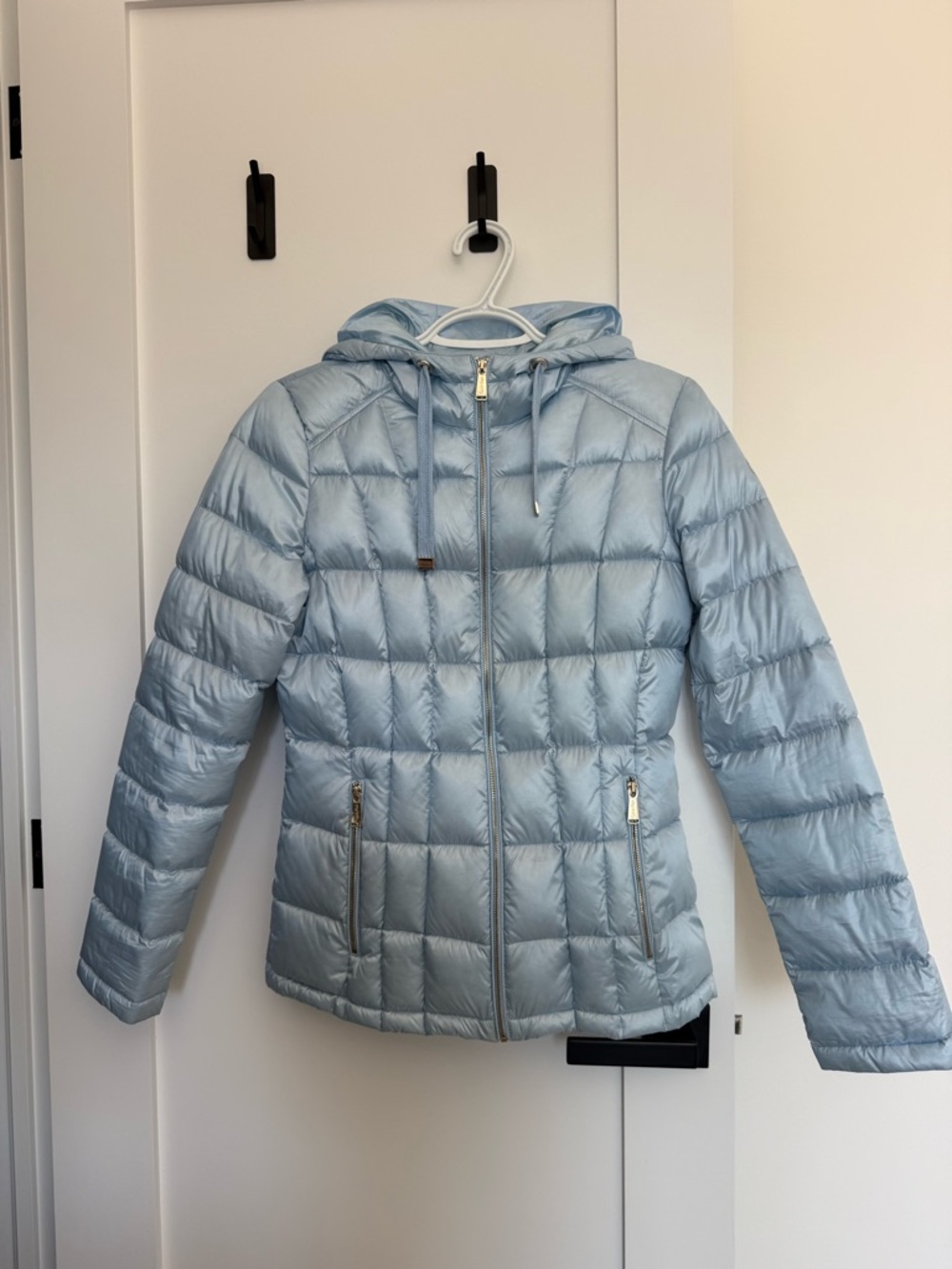 Light Blue Quilted Hooded Calvin Klein Packable Lightweight Premium Down Jacket